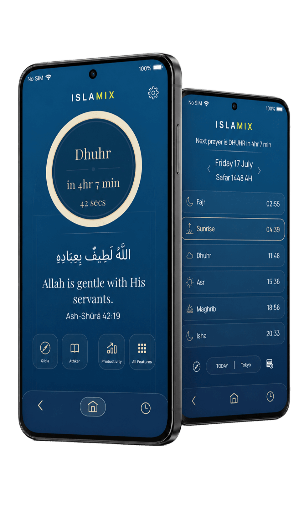 Islamix shown on two phones — the home screen with the next prayer, and the prayer times list